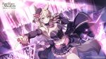  animal_ears blonde_hair breasts cat_ears cat_girl cat_tail cleavage copyright_logo copyright_name copyright_notice detached_sleeves hair_between_eyes highres holding holding_microphone idol_clothes kage_no_jitsuryokusha_ni_naritakute! kage_no_jitsuryokusha_ni_naritakute!_master_of_garden large_breasts logo long_hair long_sleeves looking_at_viewer microphone midriff miniskirt navel official_art purple_eyes skirt smile solo stage_lights tail zeta_(kagejitsu) 