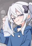  1girl absurdres blue_archive blue_hoodie character_request collarbone_peek commentary_request grey_eyes hair_between_eyes highres himitsu_ni_shitoite_ageru holding holding_panties holding_underwear holding_unworn_clothes hood hoodie looking_at_viewer panties polka_dot polka_dot_panties presenting_removed_panties side_ponytail sidelocks smile solo stained_panties standing steaming_clothes underwear unworn_panties upper_body white_hair white_panties 