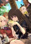  1boy 4girls black_choker black_socks blush burger choker commentary_request eating food glasses hair_ribbon heart highres inoue_takina kurumi_(lycoris_recoil) lycoris_recoil lycoris_uniform mika_(lycoris_recoil) multiple_girls nakahara_mizuki nishikigi_chisato red_ribbon ribbon sengoku_chidori sitting socks 