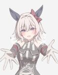  1girl animal_ears bare_shoulders black_hairband blush bow breasts coat commentary_request curren_chan_(fille_eclair)_(umamusume) curren_chan_(umamusume) dress ear_bow ear_covers gloves grey_hair hairband highres horse_ears horse_girl long_sleeves looking_at_viewer medium_breasts off-shoulder_coat off-shoulder_dress off-shoulder_jacket off_shoulder open_mouth outstretched_arms purple_eyes reaching reaching_towards_viewer red_bow short_hair simple_background smile solo striped_clothes striped_dress tofu_thunder umamusume vertical-striped_clothes vertical-striped_dress white_gloves 