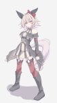  1girl animal_ears arms_behind_back bare_shoulders black_boots black_hairband blush boots bow breasts closed_mouth coat commentary_request curren_chan_(fille_eclair)_(umamusume) curren_chan_(umamusume) dress ear_bow ear_covers full_body gloves grey_hair hairband highres horse_ears horse_girl horse_tail long_sleeves looking_at_viewer medium_breasts off-shoulder_coat off-shoulder_dress off-shoulder_jacket off_shoulder purple_eyes red_bow red_thighhighs short_hair simple_background solo striped_clothes striped_dress tail thighhighs tofu_thunder umamusume vertical-striped_clothes vertical-striped_dress white_background white_gloves 