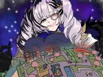  6+girls anonymous_npc anya_melfissa apartment blue_eyes box breasts elizabeth_rose_bloodflame giant giantess gigi_murin globe highres hololive hololive_indonesia kureiji_ollie lamppost large_breasts monocle mori_calliope multicolored_hair multiple_girls pavolia_reine pavolia_reine_(5th_costume) river shiori_novella smile stick_figure tomodachi_life tree vestia_zeta white_hair 