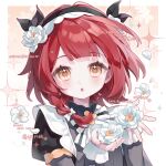  1girl :o absurdres artist_name black_hairband black_shirt blunt_bangs blush border bow bowtie braid commission cyano dated flower hairband hands_up highres holding holding_flower long_sleeves looking_at_viewer mihuashi_commission open_mouth orange_background original outside_border red_hair sample_watermark shirt short_hair single_braid solo sparkle striped_bow striped_bowtie striped_clothes upper_body watermark white_border white_bow white_bowtie white_flower yellow_eyes 