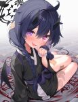  1girl ahoge bandaged_hand bandages bare_legs barefoot black_hair black_halo black_horns black_kimono blood blood_on_ground blush braid byulzzi commentary_request demon_girl demon_horns demon_tail demon_wings dot_nose fang hair_between_eyes halo hand_up heterochromia highres holding_own_hair horns japanese_clothes kimono kimono_skirt looking_at_viewer low_twin_braids magic_circle mixed-language_commentary ofuda on_floor on_magic_circle original pink_eyes purple_eyes purple_sash raised_inner_eyebrows sash signature sitting_on_magic_circle skin_fang solo tail tilted_halo twin_braids wings wooden_floor 