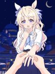  1girl absurdres animal_ears blonde_hair blue_eyes blush casual commentary_request hair_between_eyes hair_ornament highres horse_ears horse_girl horse_tail jewelry looking_at_viewer marriage_proposal moon night pov pov_hands ring sky solo sweetbubble tail trainer_(umamusume) umamusume victoire_pisa_(umamusume) 