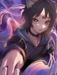  2girls absurdly_long_hair animal_ears black_choker black_hair blue_hoodie cho_kaguya-hime! choker collarbone commentary_request female_pov forehead_jewel fox_ears green_eyes highres holding_hands hood hoodie k1r4y1a long_hair multiple_girls outstretched_arm parted_lips pov runami_yachiyo sakayori_iroha short_hair solo_focus very_long_hair white_hair 