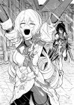  2girls absurdres arms_up bronya_rand closed_eyes crossed_bangs dress greyscale hair_between_eyes hamekon highres holding holding_umbrella honkai:_star_rail honkai_(series) long_hair monochrome multiple_girls open_mouth rain seele_(honkai:_star_rail) umbrella wet 