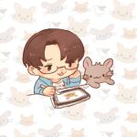  1boy animal_background black-framed_eyewear blue_jacket blush_stickers brown_hair cat chibi chibi_only drawing_tablet glasses holding holding_stylus jacket jitome long_sleeves male_focus mouse_(animal) open_clothes open_jacket original parted_bangs rabbit shirt short_hair signature solo stylus tenmiyakiyo white_shirt 
