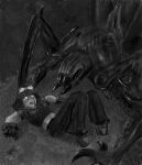  alien anthro black_and_white blade_arm bodily_fluids claws duo eyeless facial_tattoo female grass hi_res human humanoid mammal molb_(artist) monochrome monster plant scared sweat tattoo teeth white wraith_(evolve) 