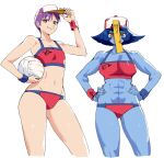  2girls abs ball baseball_cap bikini blue_hair blue_skin blush_stickers breasts cleavage closed_mouth colored_skin commentary cropped_legs darkstalkers english_commentary flat_chest flipped_hair hands_on_own_hips hat holding holding_ball hsien-ko jiangshi large_breasts lilith_(darkstalkers) looking_at_viewer multiple_girls muscular muscular_female navel ofuda purple_hair red_bikini red_eyes short_hair simple_background small_breasts smile sports_bikini sports_bra sportswear swimsuit toned visor_cap volleyball_(object) volleyball_(sport) volleyball_net volleyball_uniform wanderjegson white_background wristband yellow_eyes 