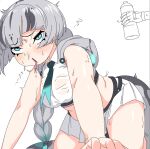  1girl all_fours blue_eyes blush bottle braid breasts collared_shirt commentary_request exhausted grey_hair hair_between_eyes hood hooded_vest hoodie kemono_friends kemono_friends_3 long_hair midriff multicolored_hair navel necktie pleated_skirt shirt skirt sleeveless snake_girl snake_print snake_tail solo tail tail_cover titanoboa_(kemono_friends) utility_vest vest water_bottle white_shirt z4z45ni 