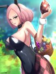  1girl absurdres alternate_breast_size_(larger) alternate_costume animal_ears argyle_clothes argyle_pantyhose armpit_crease artist_name basket black_hairband black_leotard blue_eyes blurry blurry_background breasts closed_mouth commentary covered_navel easter_egg egg english_commentary eyelashes fake_animal_ears hairband heartless_(mega_man) highres holding holding_basket holding_egg large_breasts leotard looking_at_viewer mega_man_(series) mega_man_star_force_(series) mega_man_star_force_3 pink_hair rabbit_ears rob_(robarts) short_hair sideboob smile solo wrist_cuffs 