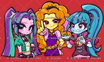  3girls adagio_dazzle adagio_dazzle_(human) aqua_jacket aqua_streaks aria_blaze aria_blaze_(human) arm_at_side bare_arms belt big_hair black_choker blonde_streaks blue_hair blue_skin blunt_ends blunt_sidelocks blush bracelet brown_jacket chinese_commentary chinese_text choker clenched_teeth closed_mouth colored_eyelashes colored_skin commentary_request cropped_jacket cropped_legs cross-eyed curly_hair curtained_hair deformed english_commentary equestria_girls:_rainbow_rocks eyes_visible_through_hair eyeshadow fingerless_gloves food gem gloves gold_belt grid_teeth hair_ornament hairband hand_on_own_hip hand_up hands_up hedgehog29271 high_ponytail highres holding holding_food index_finger_raised jacket jewelry long_hair looking_at_viewer looking_up makeup mixed-language_commentary multicolored_hair multiple_girls my_little_pony my_little_pony:_equestria_girls my_little_pony:_friendship_is_magic open_clothes open_jacket orange_hair pants parted_bangs parted_lips pendant_choker pink_gloves pink_jacket pink_pants pink_skin pink_trim pointing pointing_at_viewer ponytail puffy_short_sleeves puffy_sleeves purple_belt purple_eyes purple_eyeshadow purple_hair purple_hairband purple_pants purple_shirt purple_streaks raised_inner_eyebrows red_background red_gem sample_watermark shirt short-sleeved_jacket short_sleeves sidelocks simple_background sleeve_cuffs smile smug sonata_dusk sonata_dusk_(human) spiked_belt spiked_bracelet spiked_hairband spikes standing star_(symbol) star_hair_ornament streaked_hair taco tareme teeth the_dazzlings_(my_little_pony) thick_lineart too_many_watermarks torn_clothes torn_sleeves twintails two-tone_hair v-bangs very_long_hair watermark wide-eyed yellow_belt 