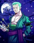  1boy absurdres arm_behind_back bandana_around_arm branch closed_mouth cowboy_shot earrings falling_petals full_moon green_hair hand_on_hilt haramaki highres jewelry katana looking_at_viewer male_focus moon multiple_swords night one_eye_closed one_piece outdoors pe_draws pectorals petals pink_petals purple_sash roronoa_zoro sash scar scar_across_eye scar_on_chest scar_on_face sheath sheathed short_hair smile solo spanish_commentary sword weapon 