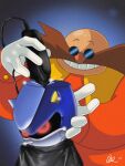  2boys artist_name bald blue_background cable choso_giving_toudou_a_haircut_(meme) closed_eyes commentary cutting_hair dr._eggman english_commentary facial_hair glasses gloves glowing glowing_eyes grin happy helmet highres holding hose long_sleeves male_focus meme metal_sonic multiple_boys mustache non-humanoid_robot pince-nez red_eyes robot round_eyewear smile sonic_(series) sunglasses teeth thatoneloaf water white_gloves 