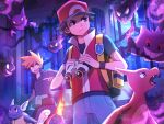  2boys absurdres baseball_cap binoculars black_shirt blue_oak blue_pants charmeleon closed_mouth commentary_request exothermicex frown gastly gengar grid_teeth hat haunter highres holding holding_binoculars jacket multiple_boys open_mouth pants pokemon pokemon_(creature) pokemon_firered_and_leafgreen pokemon_tower red_(pokemon) red_jacket shirt silph_scope tongue tongue_out wartortle 