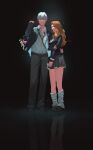  1boy 1girl absurdres alternate_costume arm_around_another's_waist arm_under_breasts bag black_background black_pants black_shoes black_skirt bleach blue_eyes breasts cellphone closed_eyes closed_mouth collared_shirt commentary contemporary couple dress_shirt facing_viewer full_body gyaru hair_between_eyes hair_over_shoulder hand_up heart hetero highres holding holding_bag holding_phone ichimaru_gin large_breasts lips loafers long_hair looking_at_viewer loose_socks matsumoto_rangiku miniskirt mylittleimp necktie orange_hair pants parted_bangs phone pleated_skirt red_necktie reflective_floor scar shirt shoes short_hair simple_background skirt smile socks standing stuffed_animal stuffed_rabbit stuffed_toy white_shirt white_socks 