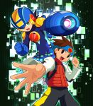  2boys arm_cannon backpack bag black_hair black_pants blue_bodysuit blue_gloves blue_headband blue_helmet bodysuit brothers brown_eyes brown_hair clenched_hand commentary_request gloves headband helmet highres honeycomb_(pattern) honeycomb_background lan_hikari_(mega_man) male_focus mega_man_(series) mega_man_battle_network_(series) megaman.exe multiple_boys netnavi open_mouth outstretched_arm pants powering_up red_vest sakurajyousui_nami shirt short_hair shoulder_pads siblings standing vest weapon white_shirt 