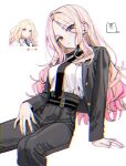  1girl am_0410 black_jacket black_pants black_suit blonde_hair breasts earrings gakuen_idolmaster idolmaster jacket jewelry juo_sena long_hair long_sleeves looking_at_viewer multicolored_hair necktie open_clothes open_jacket pants shirt shirt_tucked_in sitting streaked_hair suit very_long_hair white_background white_shirt 