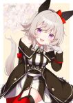  1girl absurdres animal_ears bare_shoulders black_hairband blush bow breasts coat commentary_request curren_chan_(fille_eclair)_(umamusume) curren_chan_(umamusume) dress ear_bow ear_covers flower gloves grey_hair hairband highres horse_ears horse_girl horse_tail long_sleeves looking_at_viewer medium_breasts off-shoulder_coat off-shoulder_dress off-shoulder_jacket off_shoulder okurakuma open_mouth purple_eyes red_bow red_thighhighs short_hair smile solo striped_clothes striped_dress tail thighhighs umamusume vertical-striped_clothes vertical-striped_dress white_gloves 