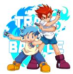  2boys blue_eyes blue_fire blue_hair blue_pants blue_shorts card card_hero_(series) closed_mouth commentary_request copyright_name fire full_body hiroshi_(card_hero) holding holding_card kado_masaru legs_apart looking_at_viewer male_focus multiple_boys open_mouth outstretched_arm pants purple_shoes red_eyes red_hair sakurajyousui_nami shirt shoes short_sleeves shorts spiked_hair standing trade_&amp;_battle:_card_hero trading_card white_shirt yellow_shoes 