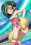  1girl ;p armpits ass audience bare_shoulders bent_over blush brown_eyes cheerleader cloud d-gazer female from_behind from_below green_hair hair_bun hair_ribbon heart highres kneehighs kneepits kotori_mizuki legs looking_at_viewer looking_back makino_tomoyasu midriff mizuki_kotori_(yuu-gi-ou_zexal) multicolored_hair no_panties one_eye_closed orange_eyes pom_poms pov pov_eye_contact public ribbon scouter short_hair skirt sky solo standing thigh_gap tongue tongue_out two-tone_hair wink yu-gi-oh! yu-gi-oh!_zexal yuu-gi-ou_zexal 