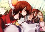  2girls ascot black_hair bow brown_hair chinese_commentary closed_mouth commentary_request detached_sleeves dress eye_contact fang frilled_bow frilled_hair_tubes frills grey_streaks hair_bow hair_tubes hakurei_reimu highres holding_another's_wrist kijin_seija long_hair looking_at_another multicolored_hair multiple_girls open_mouth red_bow red_eyes red_skirt red_streaks ribbon-trimmed_sleeves ribbon_trim skirt skirt_set streaked_hair touhou white_dress xiaotianeveryday yellow_ascot yuri 