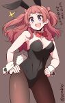  1girl animal_ear_hairband animal_ears black_leotard blue_eyes blush bow bowtie breasts brown_hair commentary_request covered_navel detached_collar fake_animal_ears gakuen_idolmaster hairband hanami_saki highleg highleg_leotard highres idolmaster leotard long_hair open_mouth pantyhose playboy_bunny rabbit_ear_hairband rabbit_ears rabbit_tail ribbon serebi_ryousangata simple_background smile solo strapless strapless_leotard tail two_side_up white_wrist_cuffs wrist_cuffs 