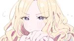  1girl absurdres blonde_hair blush commentary_request fingernails gakuen_idolmaster highres idolmaster juo_sena kasasagi_(futagodori888) long_hair looking_at_viewer multicolored_hair own_hands_together partial_commentary pink_streaks purple_eyes simple_background solo staring streaked_hair white_background 