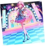  1girl aerial_fireworks alternate_costume artist_request belt black_hairband blue_dress boots bow bowtie checkered_floor disembodied_linked_eye dress eyeball fireworks frilled_dress frills full_body game_asset gloves hair_ornament hairband heart heart_hair_ornament high_heels holding holding_microphone idol idol_clothes komeiji_satori lace-up_boots microphone multicolored_dress non-web_source official_art pink_bow pink_bowtie pink_eyes pink_hair self-datamine short_hair simple_background sleeve_bow solo stage thigh_belt thigh_strap touhou touhou_arcadia_record transparent_background white_belt white_boots white_dress white_gloves 