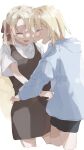  2girls black_dress black_shorts blonde_hair blue_hoodie blush closed_eyes dress hair_ribbon highres hood hoodie kamiina_botan kamiina_botan_(manga_design) kamiina_botan_yoeru_sugata_wa_yuri_no_hana long_hair multiple_girls nro open_mouth pinafore_dress pink_ribbon ribbon shirt short_hair shorts sleeveless sleeveless_dress smile tonami_ibuki white_shirt yuri 