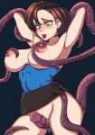  1girl absurdres arms_behind_head black_background blue_eyes blue_tube_top blush breasts brown_hair highres jill_valentine k1zd3 large_breasts miniskirt nipples penis_tentacle pussy pussy_juice resident_evil resident_evil_3:_nemesis restrained short_hair simple_background skirt strapless sweat tentacles tongue tongue_out tube_top 