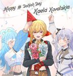  absurdres arms_up balloon belt birthday black_jacket blonde_hair blue_hair blush bouquet braid braided_bangs closed_eyes cone_hair_bun crop_top elbow_cutout english_commentary english_text gloves grey_hair hair_bun hair_ribbon happy_birthday hat highres holding holding_bouquet hololive hololive_indonesia ichiyaichimaru jacket kaela_kovalskia kaela_kovalskia_(4th_costume) kobo_kanaeru long_hair looking_at_viewer midriff navel party party_hat red_eyes ribbon see-through_clothes single_glove skirt smile vestia_zeta virtual_youtuber wavy_hair white_jacket white_skirt 