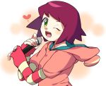  1girl :d ;d commentary_request fingerless_gloves gloves green_eyes heart holding holding_microphone hood hood_down hoodie looking_at_viewer mega_man_(series) mega_man_star_force_(series) microphone one_eye_closed open_mouth pink_gloves pink_hoodie red_hair sakuraba_(cerisier_x) short_hair smile solo sonia_strumm_(mega_man) teeth upper_body upper_teeth_only 