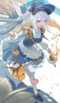  1girl absurdres animal_ear_hairband animal_ears apron black_shoes blue_archive blue_dress blue_halo blue_hat blush bread brown_capelet cake cake_slice capelet commentary dress english_commentary failure fake_animal_ears floral_print food hairband halo hat highres holding holding_plate holding_teapot long_hair looking_at_viewer miyako_(blue_archive) one_side_up open_mouth plate purple_eyes purple_headdress rabbit_ear_hairband rabbit_ears shirt shoes sweat teapot thighhighs white_apron white_hair white_hairband white_shirt white_thighhighs zaq_(zaqsta) zettai_ryouiki 