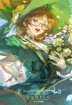  1girl \||/ absurdres adjusting_clothes adjusting_headwear animalization asymmetrical_bangs bird bouquet brown_hair chinese_commentary coat commentary_request eyewear_strap glasses gloves green_coat green_hat hat hat_feather highres holding holding_bouquet isolde_(reverse:1999) jintianeroujuan kakania_(reverse:1999) lapels looking_at_viewer neck_ribbon notched_lapels open_mouth person_and_animalization red_ribbon reverse:1999 ribbon round_eyewear sample_watermark semi-rimless_eyewear teeth under-rim_eyewear upper_teeth_only watermark white_bird white_gloves wide_brim yellow_eyes 