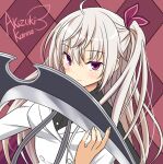  1girl \||/ ahoge akizuki_kanna argyle_background black_shirt blush breasts buttons cafe_stella_to_shinigami_no_chou character_name closed_mouth colored_eyelashes commentary double-breasted eyes_visible_through_hair grey_hair hair_between_eyes hair_ribbon hand_up holding holding_scythe jacket koku large_breasts long_hair long_sleeves looking_at_viewer one_side_up purple_eyes red_background red_ribbon ribbon scythe shinigami shirt simple_background smile solo split_mouth upper_body very_long_hair white_jacket 