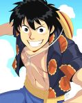  1boy abs absurdres black_eyes black_hair black_skirt blue_shorts blue_sky cloud cloudy_sky cross_scar floral_print grin hat hat_on_back highres looking_at_viewer male_focus monkey_d._luffy official_alternate_costume one_piece open_clothes open_shirt pe_draws print_shirt sash scar scar_on_cheek scar_on_chest scar_on_face shirt short_hair short_sleeves shorts signature skirt sky smile solo spanish_commentary straw_hat sunflower_print teeth toned toned_male upper_body yellow_sash 