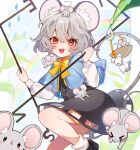  1girl absurdres animal_ear_fluff animal_on_head black_dress black_shoes blue_capelet bow bowtie capelet commentary_request dress dual_wielding grey_hair highres holding looking_at_viewer medium_hair mouse_(animal) nazrin on_head open_mouth red_eyes samon_(vxxr8575) shoes smile socks solo teeth teruterubouzu touhou upper_teeth_only white_socks yellow_bow yellow_bowtie 