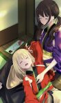  2girls black_hair blonde_hair closed_mouth commentary_request hair_ribbon highres inoue_takina long_hair lycoris_recoil lying multiple_girls nishikigi_chisato open_mouth red_ribbon ribbon sengoku_chidori short_hair sitting sleeping 