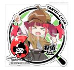  >_< 1girl arched_bangs arm_up black_bow black_skirt border bow bracelet brown_capelet brown_hat capelet clenched_hands closed_eyes collared_capelet commentary_request diagonal-striped_background english_text facing_viewer fang green_background grey_necktie hand_up hat hat_bow highres janpan jewelry light_blush logo long_sleeves necktie newsboy_cap no_nose not_for_sale official_art open_mouth outline outstretched_arm promotional_art red_hair round_border sample_watermark shirt simple_background skirt smile solo star_(symbol) star_symbol_background straight-on striped_background tantei-chan twintails upper_body v-shaped_eyebrows watanabe_akio watermark white_background white_border white_outline white_shirt 