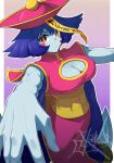  1girl blue_hair blue_skin blush_stickers border breasts brown_eyes china_dress chinese_clothes cleavage cleavage_cutout closed_mouth clothing_cutout colored_skin covered_navel darkstalkers dress flipped_hair gradient_background hat highres hsien-ko jiangshi kumo_(kumo8159) large_breasts looking_at_viewer ofuda outstretched_arms pink_dress purple_background purple_hair qingdai_guanmao red_eyes sash short_hair solo white_border yellow_sash 