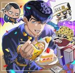  4boys birthday birthday_cake black_hair blue_eyes blue_flower blush box cake chibi chibi_inset confetti dated diamond_wa_kudakenai earrings eating flower food fork fruit gakuran gift grey_hair happy_birthday hat heart higashikata_josuke highres holding holding_fork jewelry jojo_no_kimyou_na_bouken joseph_joestar joseph_joestar_(old) kana480c kujo_jotaro male_focus multicolored_hair multiple_boys nijimura_okuyasu open_mouth party_popper peace_symbol plate pompadour purple_hair rose school_uniform smile strawberry stud_earrings two-tone_hair 