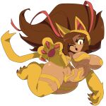  1girl animal_ears animal_feet animal_hands big_hair body_fur breasts brown_hair cat_ears cat_girl cat_paws cat_tail claws cosplay cyberlord1109 dark-skinned_female dark_skin fangs felicia_(darkstalkers) felicia_(darkstalkers)_(cosplay) full_body gameoverse hair_ribbon highres kit_bodega large_breasts long_hair looking_at_viewer navel one_eye_closed open_mouth pawpads prototype_design red_eyes ribbon simple_background solo tail thick_thighs thighs transparent_background very_long_hair whiskers white_background wide_hips yellow_fur 