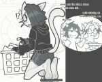  anthro apple_(dondon) appliance bodily_fluids bottomwear bovid caprine caprine_demon clothing demon dialogue dolphin_shorts domestic_cat don_(dondon) dondon embarrassed english_text feet felid feline felis ferskel_(dondon) fingerless_gloves flip_flops foot_focus footwear gloves goat_demon group hair hair_over_eye handwear hoodie humanoid interrobang kneeling laundry laundry_basket laundry_machine long_feet looking_back male mammal sandals shoes shorts soles solo_focus sweat sweaty_feet tears text topwear trio 