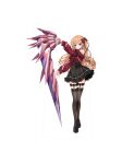  1girl absurdres alternate_headwear black_shirt black_thighhighs bow chaos;child d-sword dress hair_bow high-waist_skirt highres holding holding_sword holding_weapon huge_weapon kurusu_nono kurusu_nono's_d-sword non-web_source off-shoulder_dress off_shoulder official_alternate_costume official_art orange_hair purple_eyes red_dress sasaki_mutsumi science_adventure serious shirt skirt solo sword thighhighs transparent_background v-shaped_eyebrows weapon 