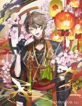  :d alban_knox bird brown_hair cake cherry_blossoms chocolate_cake clothing_cutout commentary_request company_name copyright_notice diamond_cutout earrings fangs flower food fork grey_eyes holding holding_fork holding_plate jewelry lantern looking_at_viewer nijisanji nijisanji_en official_alternate_costume official_alternate_hairstyle official_art ohayosayonara pink_flower plate sample_watermark single_earring smile tassel teeth tongue virtual_youtuber watermark yellow_eyes 
