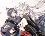  2girls animal_ears artist_request black_boots black_choker black_hair blue_eyes blue_hair blue_hoodie boots carrying chinese_commentary cho_kaguya-hime! choker commentary_request commission forehead_jewel fox_ears green_eyes hair_ornament hair_rings hair_stick halterneck highres hood hoodie long_hair long_sleeves looking_at_another multicolored_hair multiple_girls parted_lips pink_hair princess_carry runami_yachiyo sakayori_iroha second-party_source short_hair smile twintails white_hair wide_sleeves yuri 