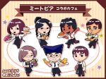  2girls 5boys absurdres apron banana beer_mug black_apron black_eyes black_hair black_pants blue_hair blue_necktie brown_apron brown_hair brown_pants cake cake_slice cat_(miitopia) cherry chibi cleric_(miitopia) clipboard coffee collared_shirt commentary_request cup cupcake dark-skinned_male dark_lord_(miitopia) dark_skin donut drink drinking_straw ex-dark_lord_(miitopia) food fruit glasses great_sage_(miitopia) green_necktie grin hair_bun highres holding holding_clipboard holding_food holding_plate holding_tray looking_at_viewer mage_(miitopia) medium_hair miifighterss2 miitopia mug multiple_boys multiple_girls necktie notepad one_eye_closed open_mouth orange_(fruit) pants plate red_necktie shirt short_hair short_sleeves smile star_(symbol) tray twitter_username waiter waitress warrior_(miitopia) white_shirt 