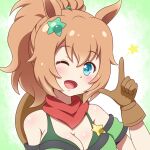  1girl animal_ears armband bandana bandana_around_neck bandeau bare_shoulders blue_eyes blush breasts brown_gloves brown_hair cleavage commentary_request cowboy_hat gloves green_armband green_bandeau hair_ornament hat highres horse_ears horse_girl large_breasts long_hair looking_at_viewer one_eye_closed open_mouth ponytail red_bandana sheriff_badge smile solo star_(symbol) star_hair_ornament taiki_shuttle_(umamusume) taiki_shuttle_(wild_frontier)_(umamusume) umamusume upper_body yosuzu 